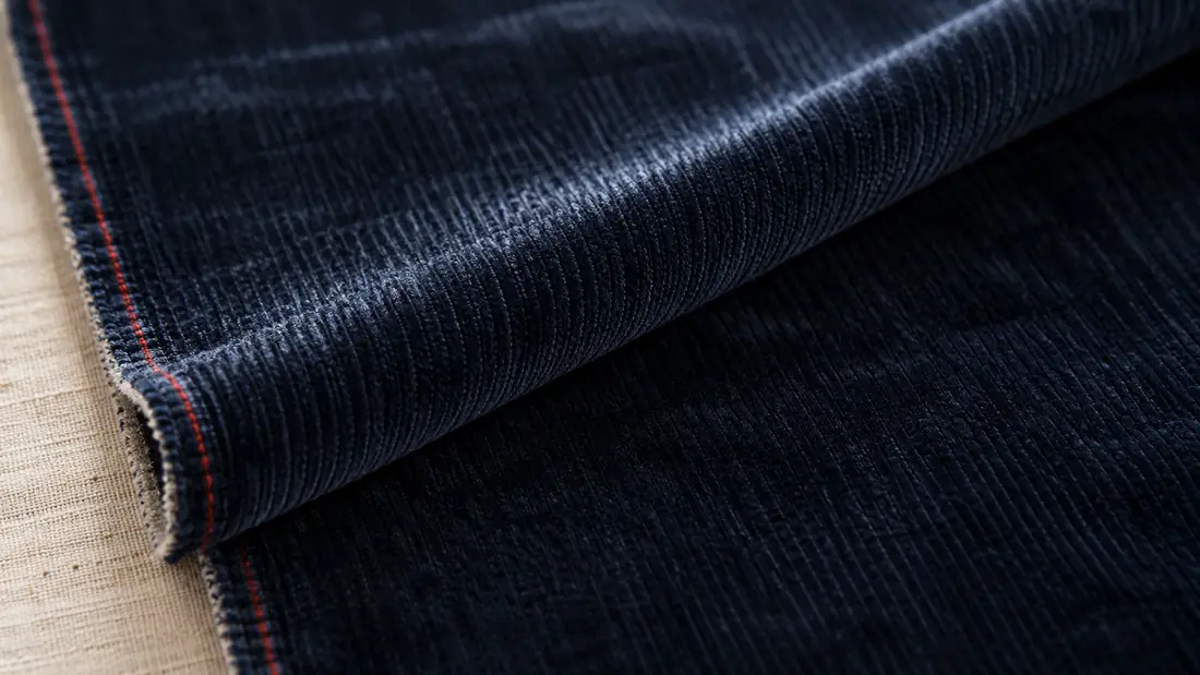 A length of corduroy folded back on itself so the pile catches the light in two directions.